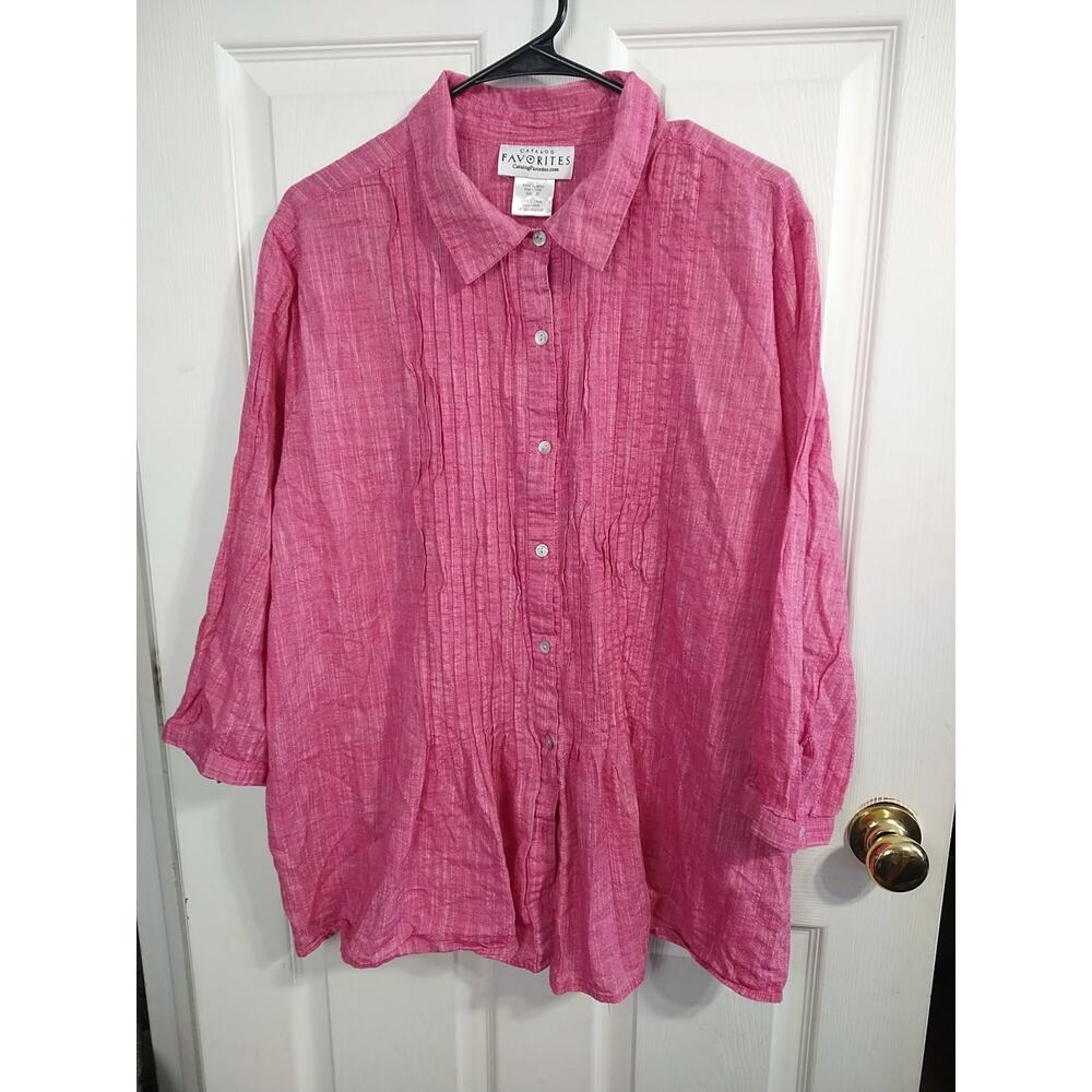 Catalog Favorites Woman 3X Pink Shirt Collared Pleated 3/4 Sleeve Button...